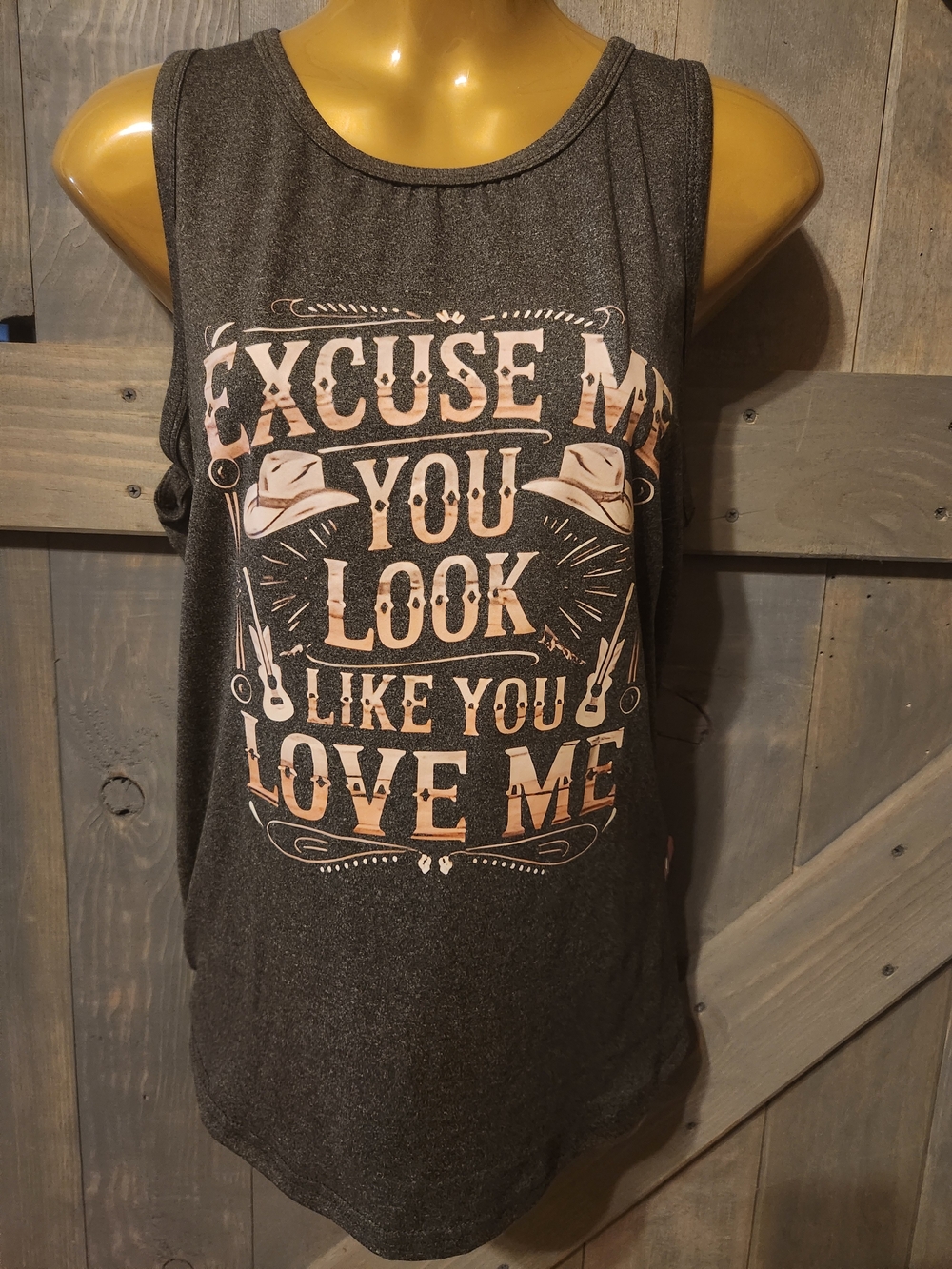 Graphic Tank Top - Dark Gray with Light Pink Print